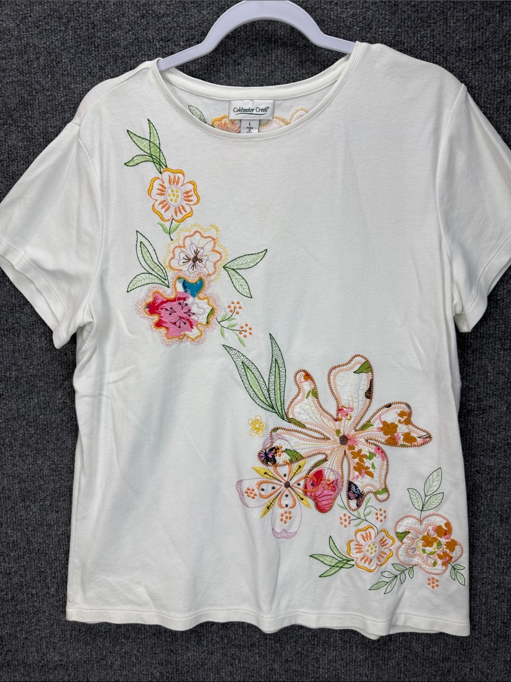 Coldwater Creek White Short Sleeve Tee with Colorful Floral Embroidery Large